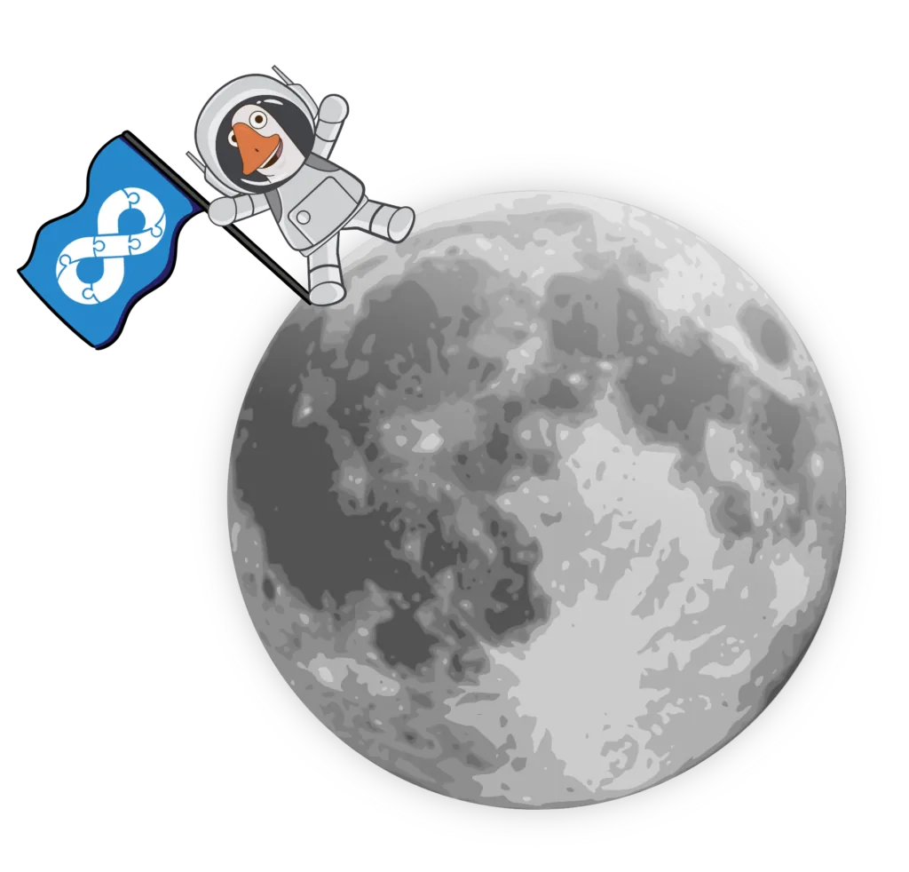 Goots, the MSPGeekCon mascot, sitting on the moon